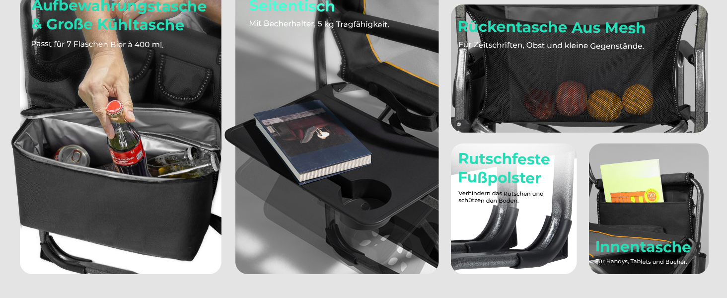 Крісло для кемпінгу OVERMONT: складне, з підспівателем та сумкою-холодильником - до 180 кг, чорне