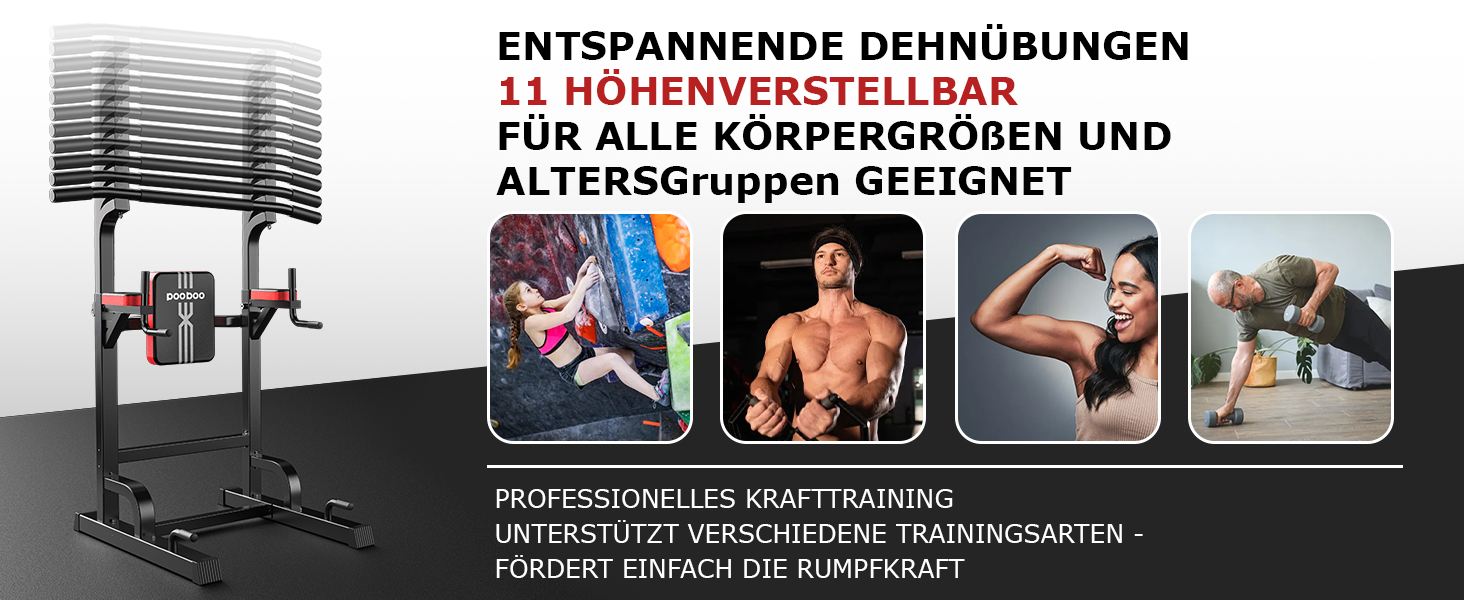 Силовий комплекс Pooboo Power Tower: багатофункціональний турнік з брусами для дому, 11 рівнів регулювання висоти, еластичні стрічки, чорний