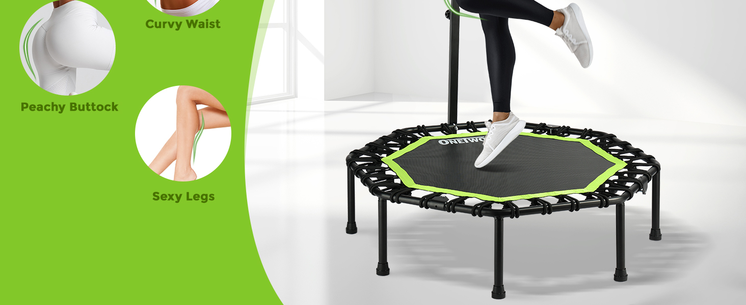 Трамплін ONETWOFIT складний для дорослих, 107 см, міні-фітнес, з регульованими ручками та пружинами, тихий, для дому (зелений)