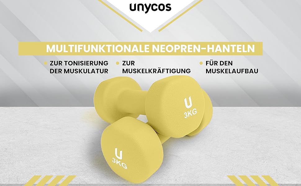 Neoprenові гантелі unycos 2 шт. по 3 кг, жовті, антиковзкі, для фітнесу та силових тренувань, зручна ручка, круглі