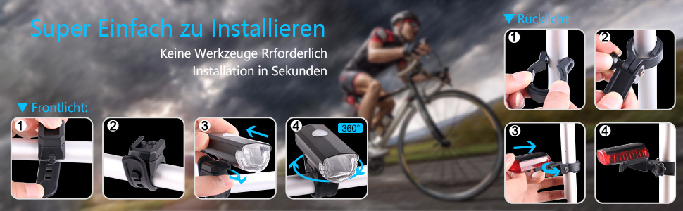 Велофара ITSHINY USB - комплект переднього та заднього світла, водонепроникний, з алюмінію, LED, StVZO, чорний