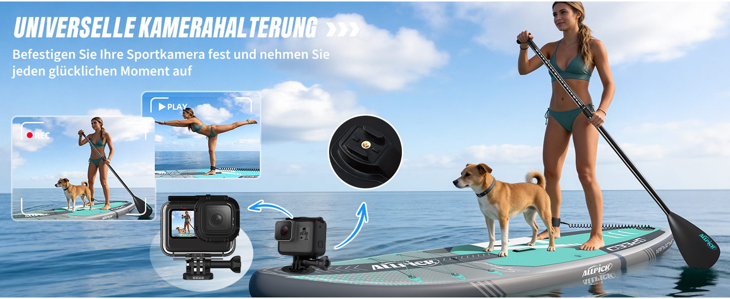 ALLPICK SUP Board Premium набір: Дошка для Stand Up Paddling надувна, з кріпленням для камери, повний комплект аксесуарів, регульоване весло, для початківців та просунутих, вантажопідйомність 200 кг, сіро-зелений