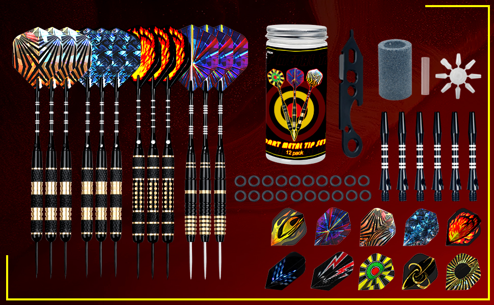Професійні дротики Alyoen Metallspitze (12 шт) 20/24/26 г з аксесуарами: алюмінієві стебли, пір'я, точилка, захист наконечників, гумові кільця