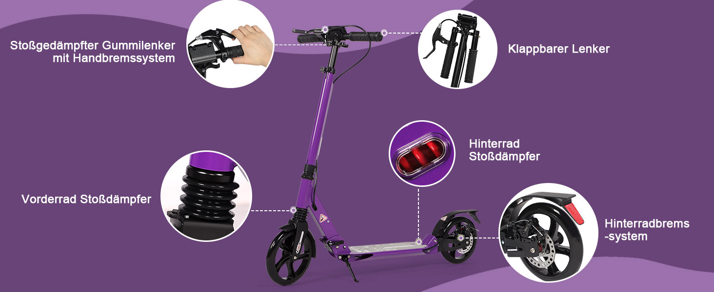 Самокат трюковий Kickscooter для дітей 8-12 років та дорослих, колеса 200мм, дискові гальма, складний, фіолетовий