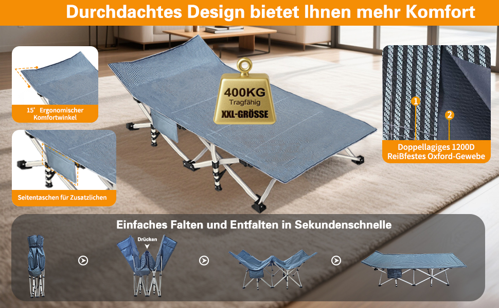 Кемпінгове ліжко з матрацом, розкладне, для відпочинку на природі та вдома, 200 кг, сіре