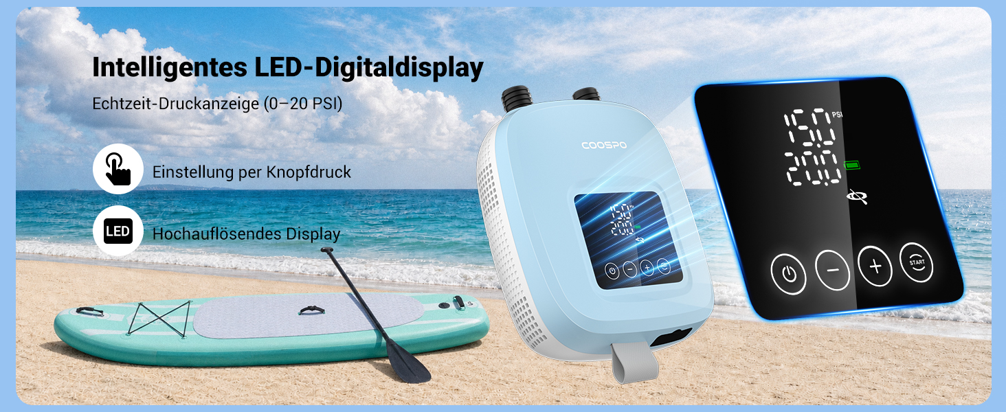 CooSpo Електричний насос для SUP дошки та каяка 20 PSI з акумулятором, блакитний