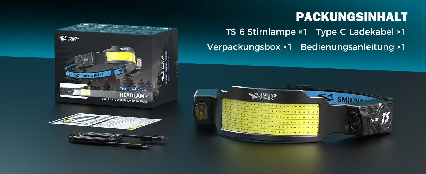 Налобний ліхтар Smiling Shark LED: суперяскравий, акумулятор 2400 мАг, 6 режимів світла, датчик руху, регульований фокус для бігу, кемпінгу та походів