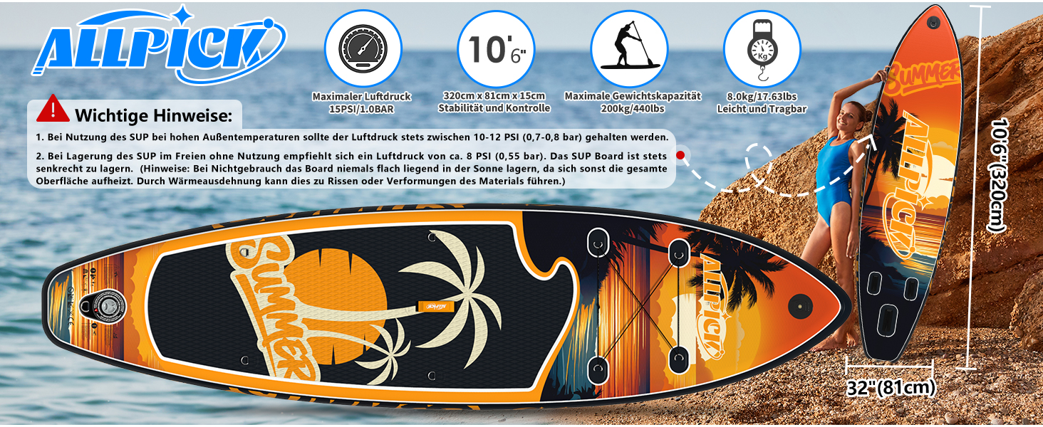 Набір SUP-дошки ALLPICK Premium: надувна дошка для сапсерфінгу з кріпленням для камери, повний комплект аксесуарів, регульоване весло, для початківців та досвідчених, 200 кг (Колір: Захід сонця - Оранжевий)
