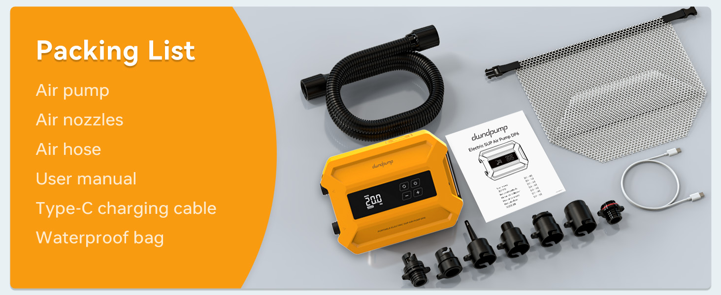 Електричний насос для SUP-дошки dwndpump 20 PSI: інтелектуальний двоступеневий компресор для надування та здування, портативний акумуляторний насос для сапбордів, човнів та кемпінгових наметів, помаранчевий