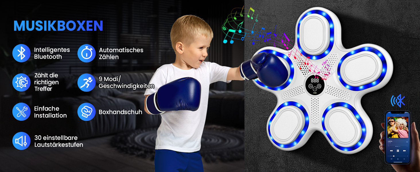 IERAKOR Музична боксерська машина з LED, Bluetooth, 9 режимів, для дітей, електронна боксерська груша з рукавичками, біла
