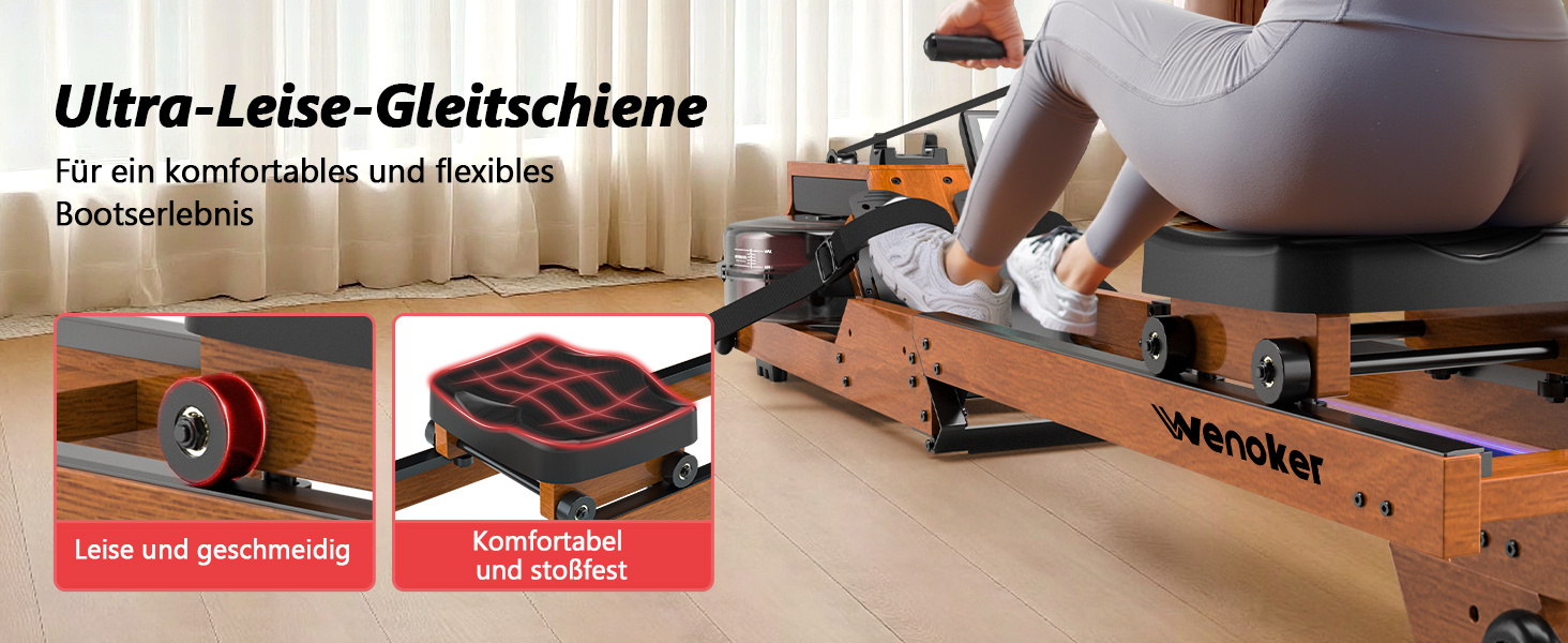 Гребний тренажер Wenoker для дому з дерева, складаний, з Bluetooth, комфортне сидіння, подвійні направляючі, до 150 кг, натуральний дуб