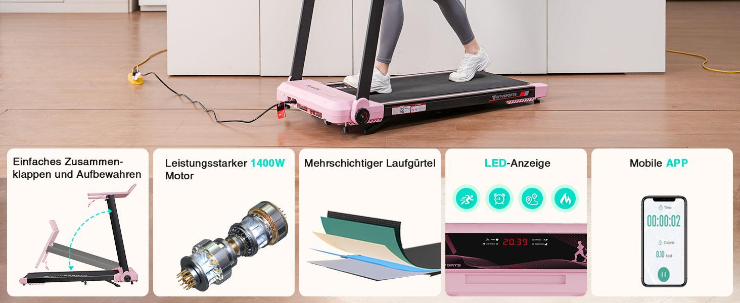 CITYSPORTS Електричний біговий тренажер, складаний, до 12 км/год, LED-дисплей, APP, тримач для планшета 360°, рожевий