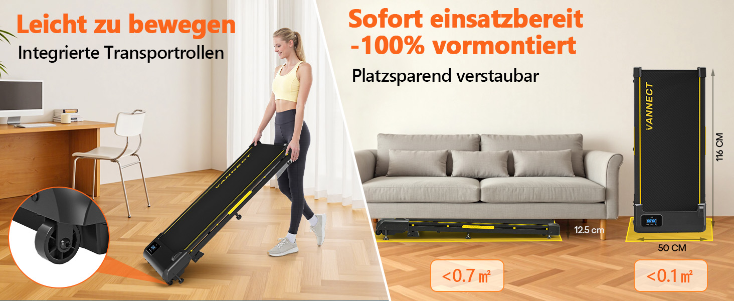 Walking Pad VANNECT - компактний біговий тренажер для дому з регулюванням нахилу, LED-дисплеєм та пультом керування. Максимальне навантаження 150 кг, потужність 2.75HP, жовтий. Без збирання.