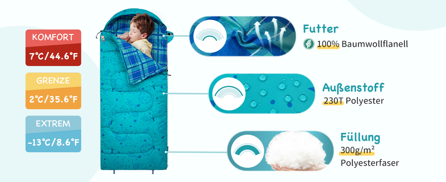 Сплячий мішок KingCamp для дітей, фланелевий, легкий, водонепроникний, компактний, зимовий, 4 сезони, для кемпінгу, підходить для дітей до 140 см, комфортна температура: 7°C, регульована довжина