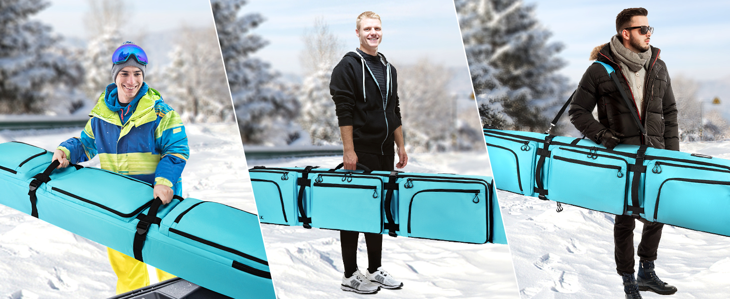 Чохол для сноуборду YOREPEK з колесами, водонепроникний, з 6 кишенями для сноуборду та лиж, розширюваний, 170 см, для подорожей літаком (Світло-блакитний)