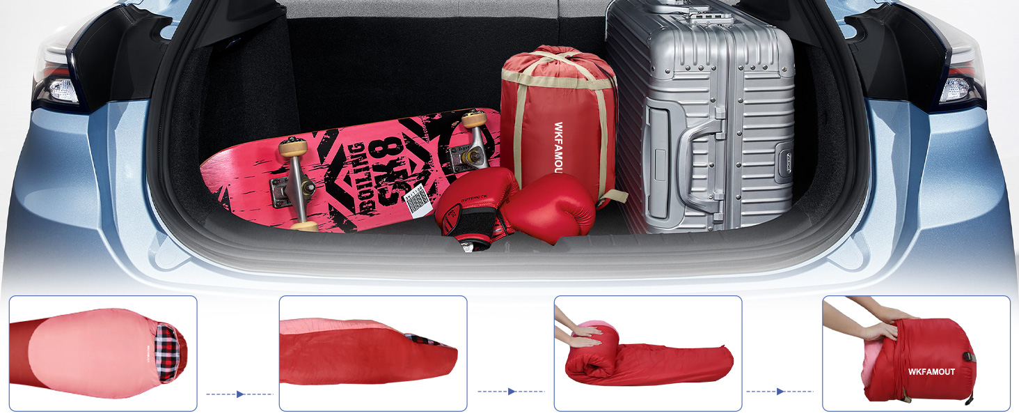 Спальний мішок WKFAMOUT Mumienschlafsack для дорослих та дітей -12°C до 0°C, фліс, 3-4 сезони, для кемпінгу та подорожей, червоний, до 150см