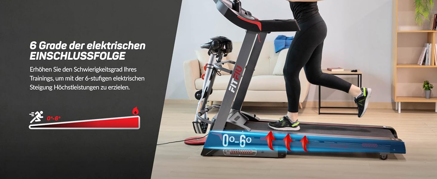 Біговий тренажер FITFIU Fitness MC-500 зі складною конструкцією, автоматичним нахилом, 18 км/год, пульсометром, Bluetooth та підключенням до додатків (Kinomap, Spax, Zwift), площа бігового полотна 41x123 см, максимальне навантаження 120 кг