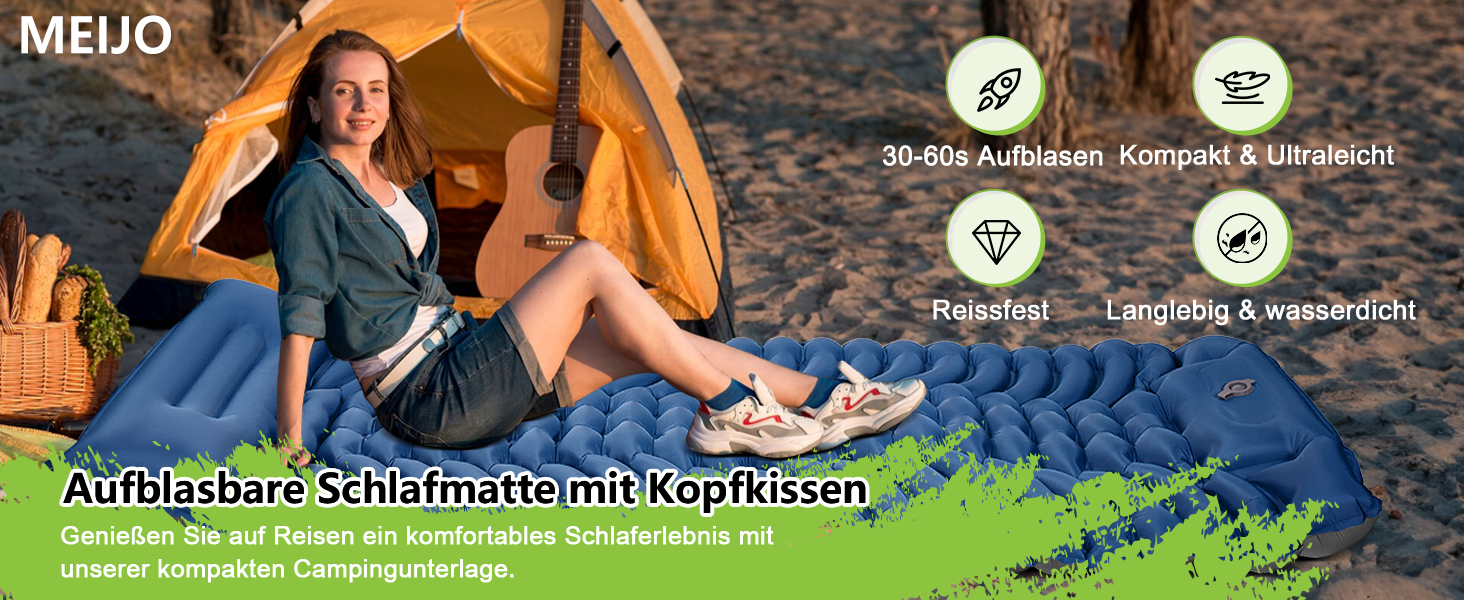 Килимок для кемпінгу MEIJO Isomatte самонадувний, ультралегкий з насосом, товстий для відпочинку на природі, намету, пляжу, блакитний & сірий