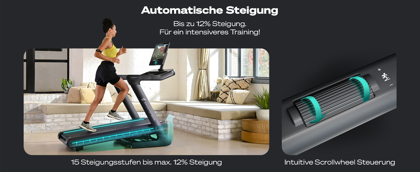 Біговий тренажер Sportstech sTread Pro/Lite – складаний, до 20 км/год, нахил 12%, вантажопідйомність 150 кг, LED-дисплей, сумісність з додатком, тихий 7PS двигун, велика бігова поверхня (sTread Pro 10.1')