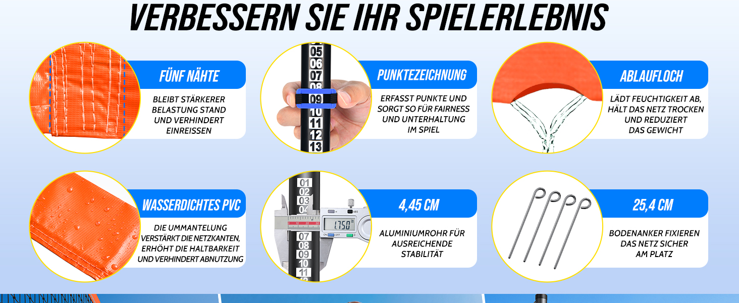 Професійна волейбольна сітка для саду з регульованою висотою, стійками з антикорозійним покриттям, лінією розмітки, м'ячем PU, насосом, натягувачами та сумкою для транспортування (9.75м*1м)