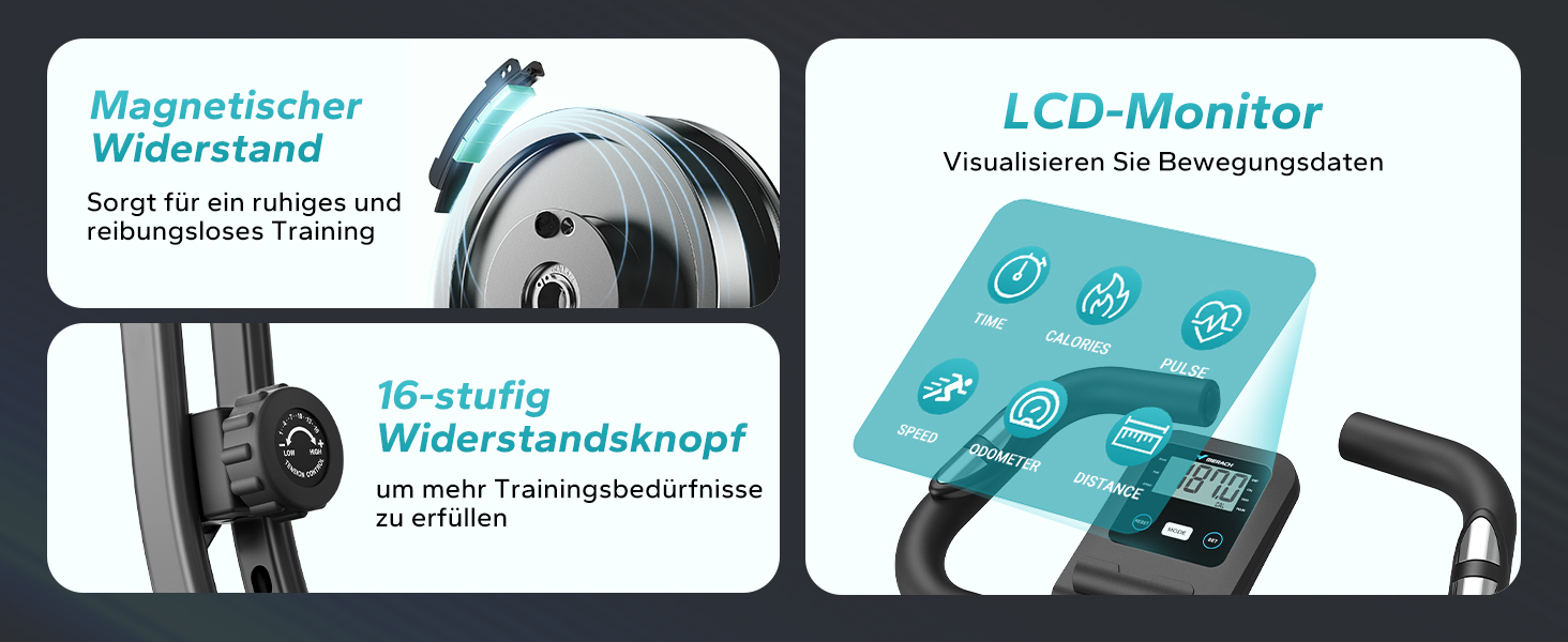 Велотренажер MERACH 4-в-1 з додатком, тихий, магнітний опір 16 рівнів, LCD-дисплей, вимірювання пульсу, складаний, зручне сидіння, еластична стрічка