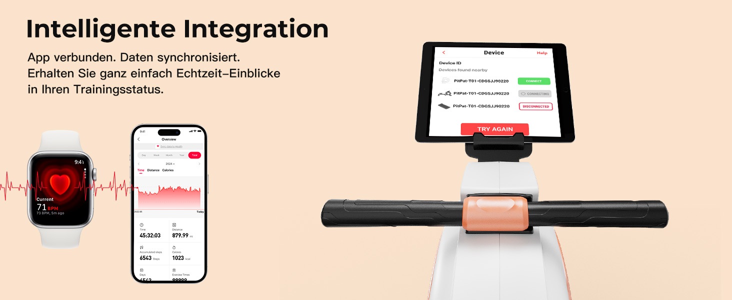 Гребний тренажер для дому з магнітним опором, 32 рівні, 136 кг, сумісність з додатком, LCD-дисплей, білий-помаранчевий