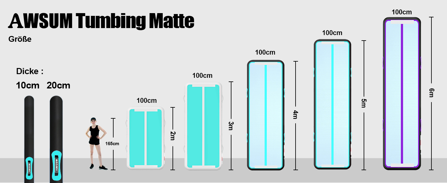 AWSUM Надувний гімнастичний мат, 2/3/4/5/6м, 10/20см, для йоги, фітнесу, дому, на вулицю, з насосом, Mint Green/Black
