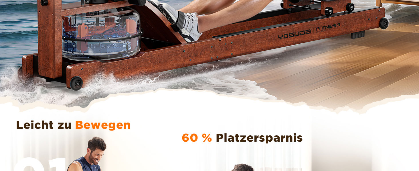 Гребний тренажер YOSUDA 2025 Neu Wasser - складаний, з Bluetooth, дисплеєм та регульованим тримачем для телефону. Максимальна висота користувача 190 см, вага 182 кг. Ідеально для домашніх тренувань.