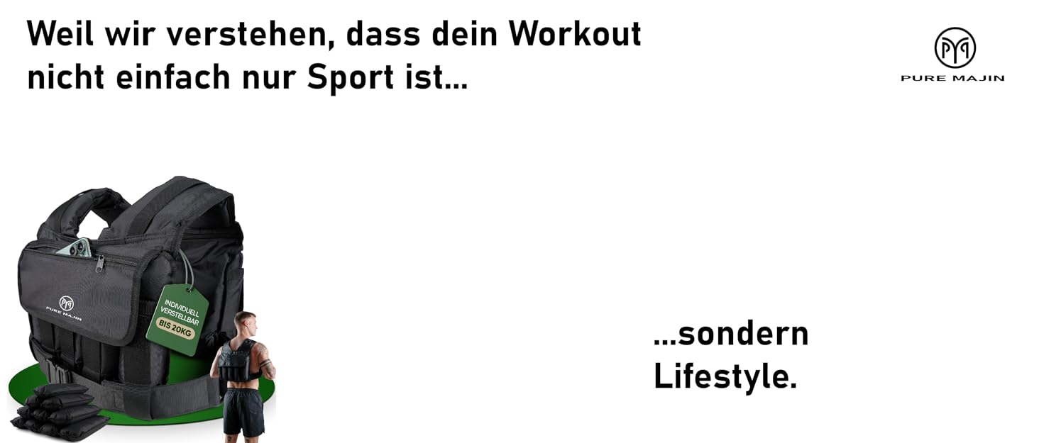 Вага для тренувань PURE MAJIN® 20 кг, регульована, з кишенею та металевим ременем | Фітнес, воркаут, біг, калістеніка, обладнання, вага, тренування - чорний або камуфляжний чорний