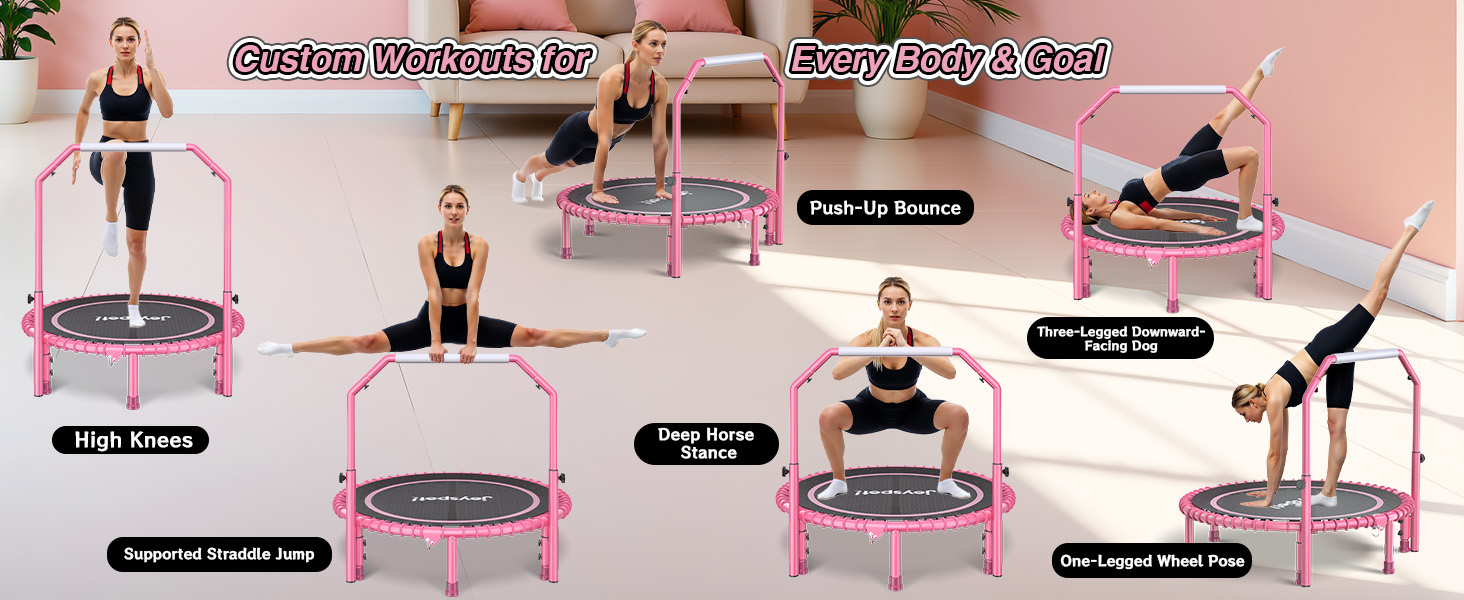 Міні-батут для фітнесу JOY SPOT! Ø102 см, складний, з пружинами та регульованою ручкою, вантажопідйомність 204 кг, для дому та вулиці, з скакалкою