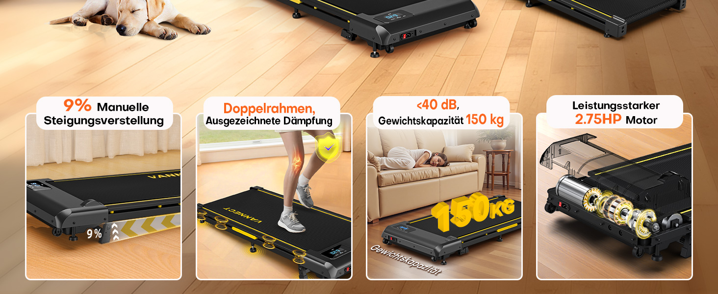 Walking Pad VANNECT - компактний біговий тренажер для дому з регулюванням нахилу, LED-дисплеєм та пультом керування. Максимальне навантаження 150 кг, потужність 2.75HP, жовтий. Без збирання.