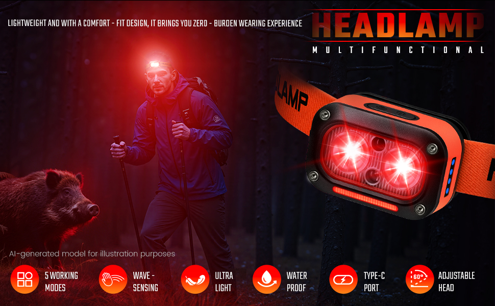 Світлодіодний налобний ліхтарик DARKBEAM Mini/F01 з датчиком руху, подвійним червоним світлом, USB-зарядкою та вологозахистом для кемпінгу, риболовлі та полювання