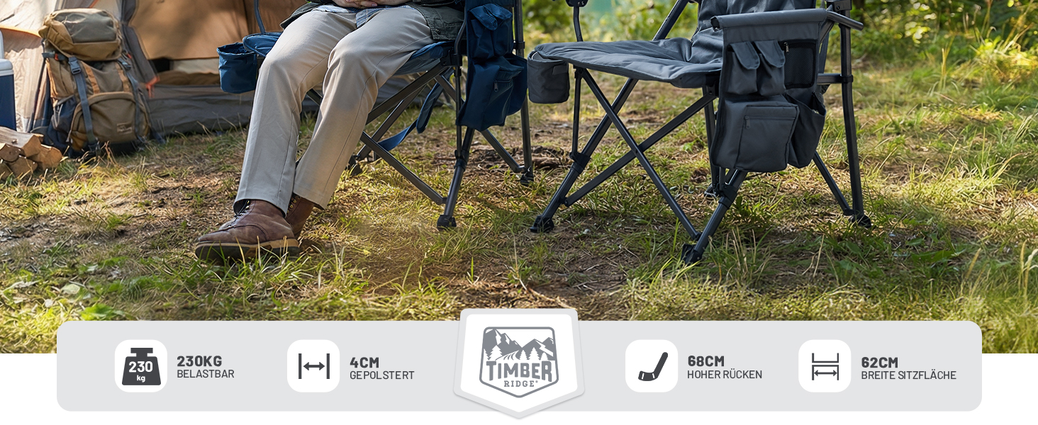 Складаний кемпінговий стілець TIMBER RIDGE з підтримувачем, підстаканником та охолоджувачем, посилений (до 230 кг), для рибалки, саду та відпочинку