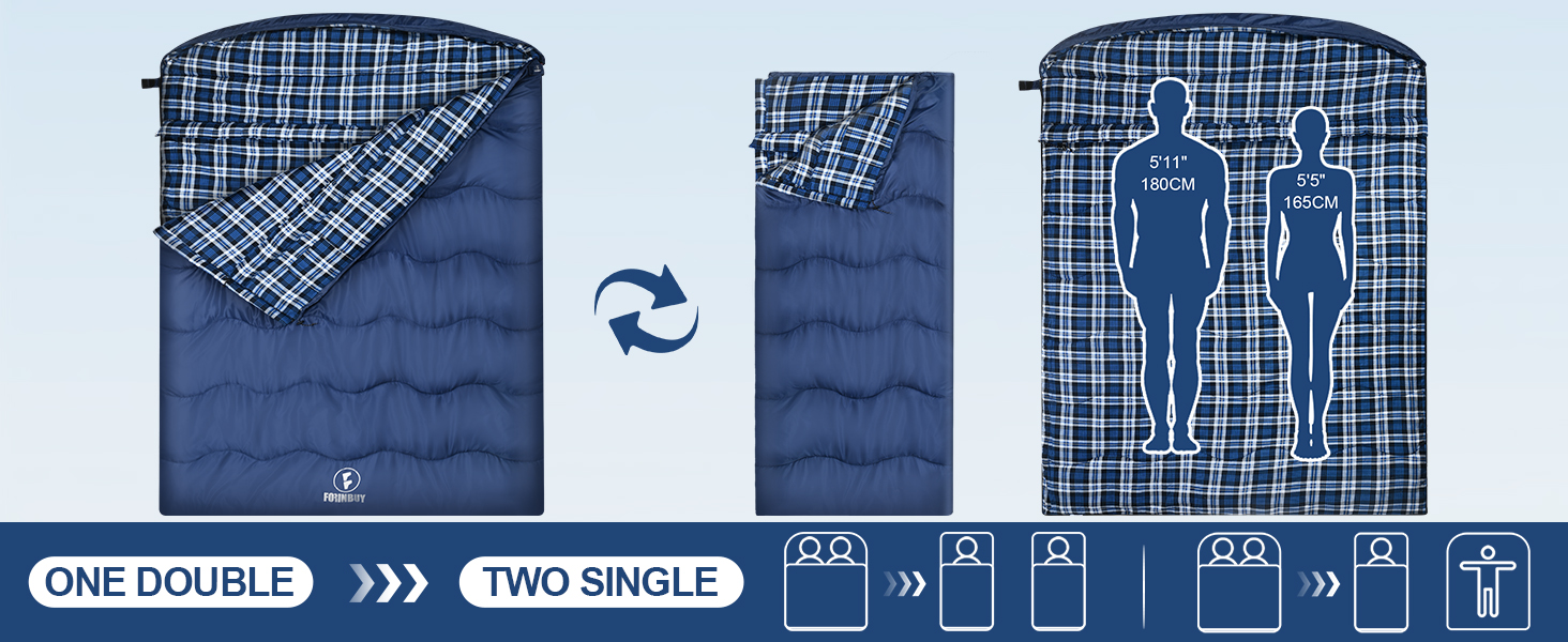 Спальний мішок Baumwolle для двох дорослих, зимовий, водонепроникний, теплий, Queen Size, для кемпінгу та подорожей на автодомі (Блакитний)