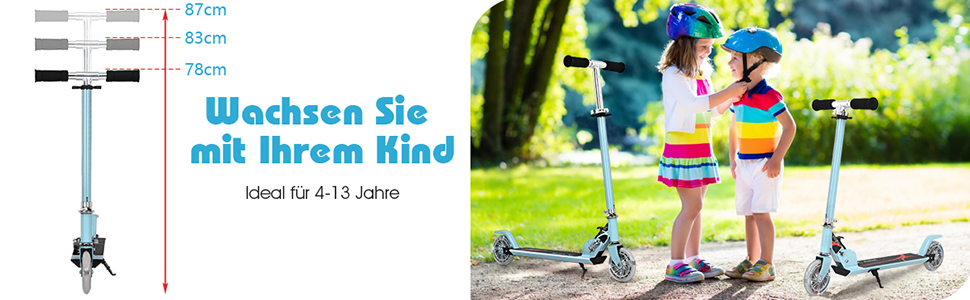 Дитячий ролер COSTWAY з LED-колесами, для дітей від 4 років, до 70 кг, регульована висота, блакитний