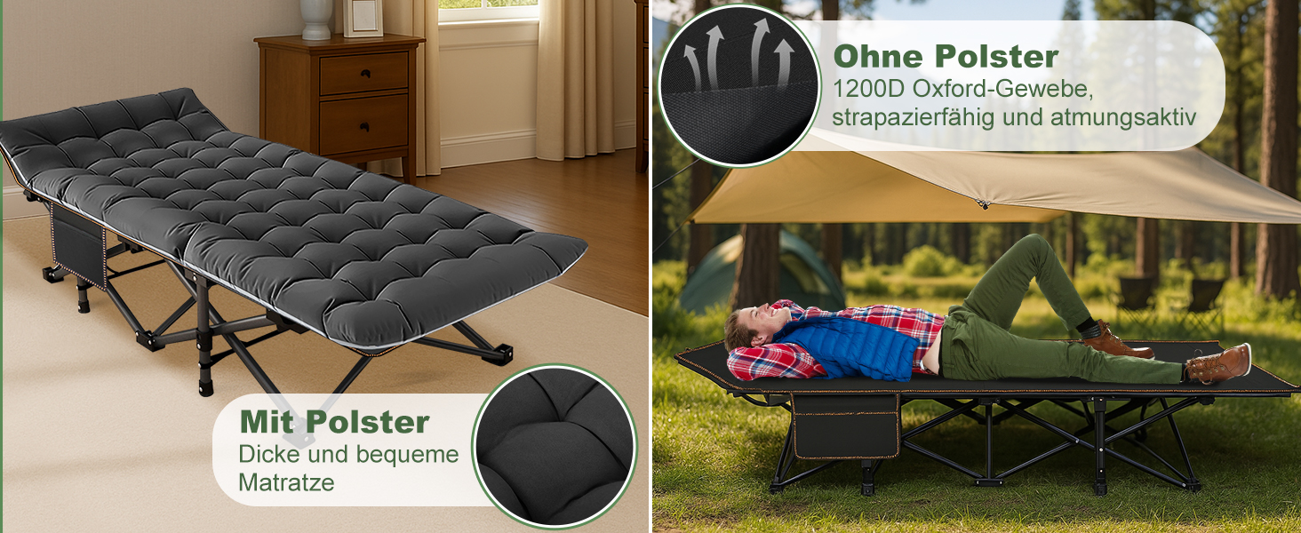 Велике розкладне ліжко з матрацом – 198x81x46 см, 400 кг, сталевий каркас, оксфордська тканина, для дорослих, сад, подорожі (XXL Чорний)