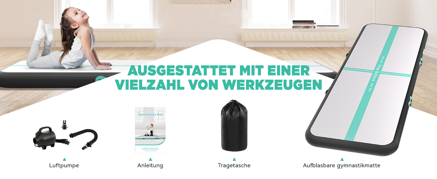 Airtrack SportBob Matte - килимок для гімнастики та йоги, 2/3/4/5/6м, 10/15см, з електричним насосом 600W, для дому та спорту