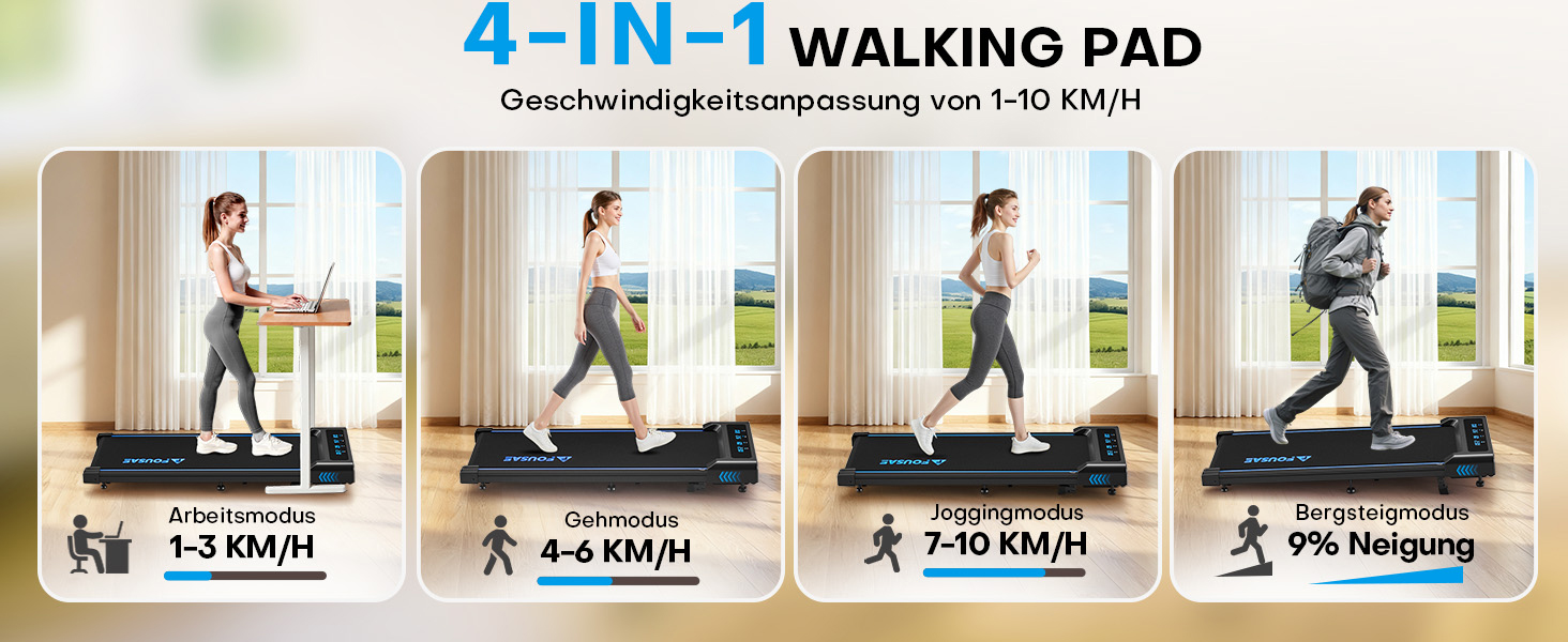 Walking Pad Laufband для дому 4-в-1: біговий стіл з підйомністю 9%, безщітковий двигун 2.5HP, LED-дисплей, пульт дистанційного керування, 12 HIIT-програм, до 150 кг, без встановлення, чорно-синій, з режимом повноекранного відображення