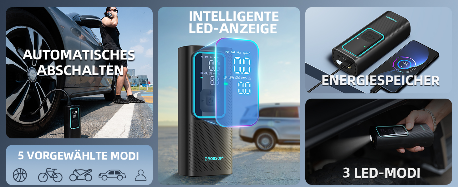 Електрична повітряна помпа 10.3 Bar з акумулятором, компресор Mini 6000mAh & 12V DC, портативна помпа для авто, мотоцикла, велосипеда з LED-підсвічуванням та автоматичним відключенням, блакитна I7