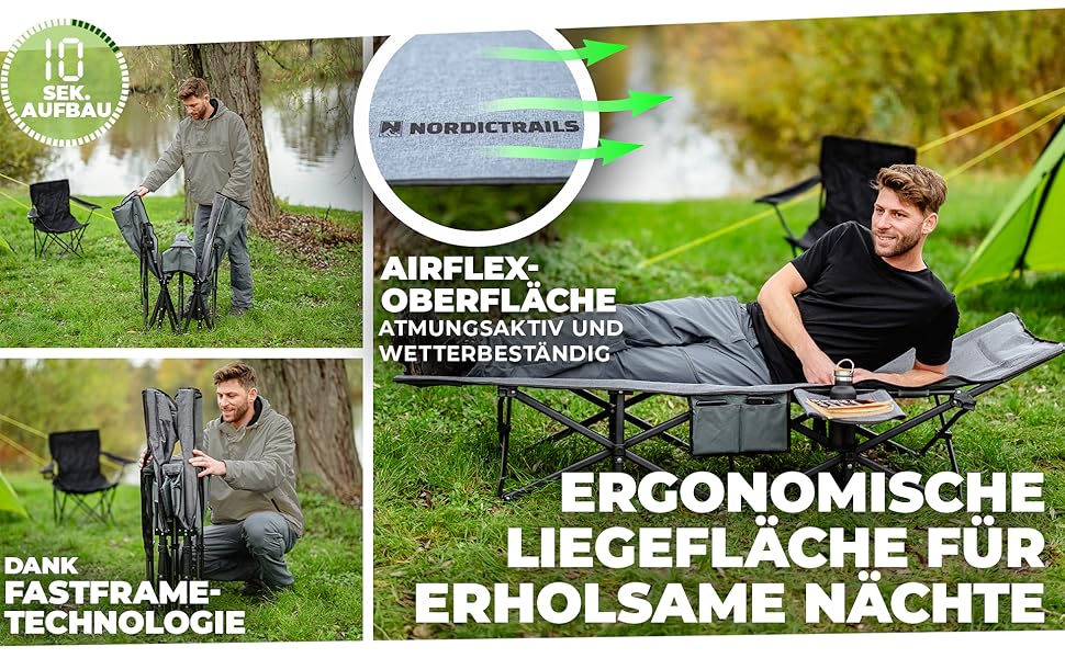 NORDICTRAILS Кемпінгове ліжко NORDICTRAILS - XXL розкладне ліжко для кемпінгу | Зручне, легке та широке для відпочинку на природі | Гостьове ліжко, ліжко для риболовлі, розкладне ліжко з суперм'яким матрацом. Сіре.