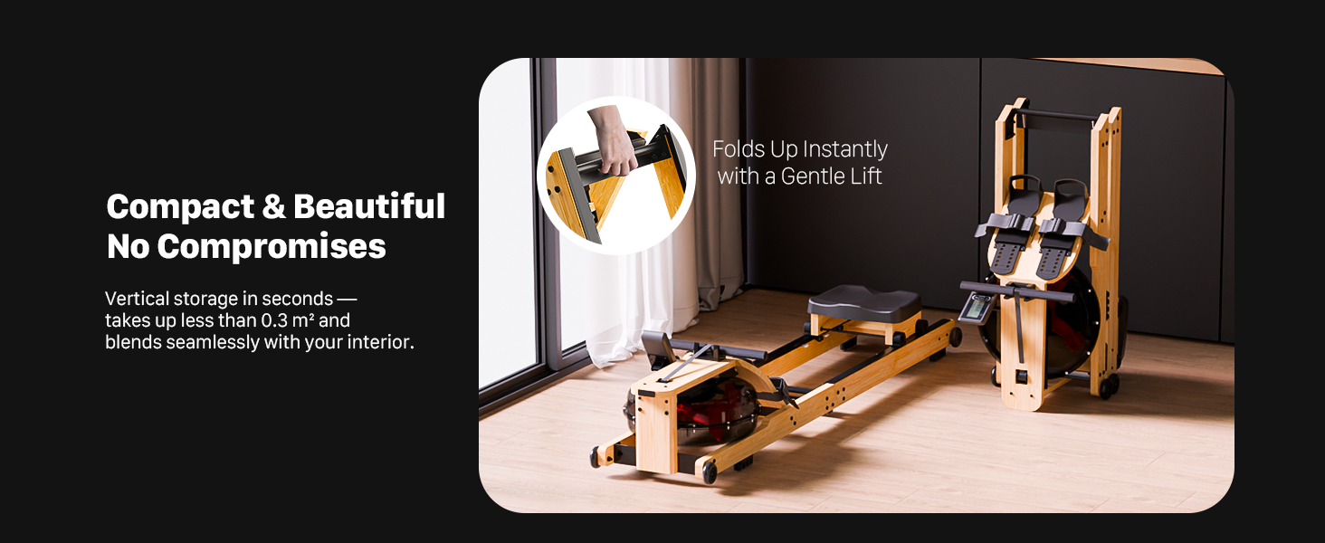 Гребний тренажер Aeriflo W100 для дому з бамбуком, Bluetooth, дисплеєм та додатком, тихий та компактний, преміум-якість, для комплексного тренування всього тіла