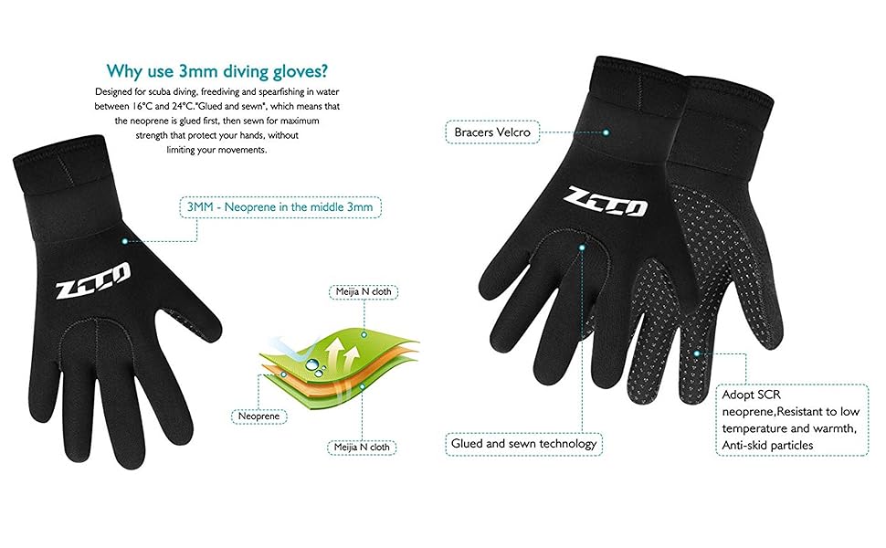 Неопренові рукавички ZCCO 3 мм з антиковзким покриттям для дайвінгу та снорклінгу, з регульованим ремінцем (M)