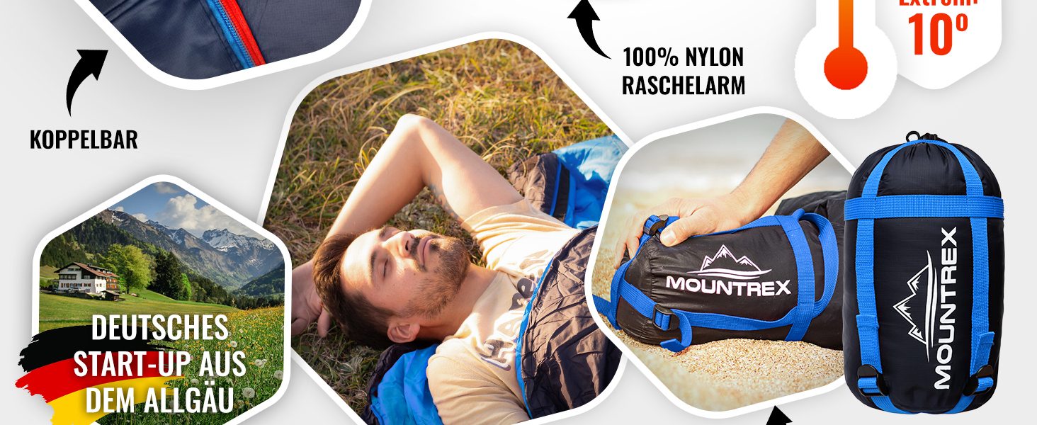 Сплячий мішок MOUNTREX® - компактний та ультралегкий (760г/1500г) - Outdoor спальний мішок для літа (100GSM) / 3-4 сезони (300GSM) - Мумієподібний спальний мішок – кемпінг, подорожі, фестивалі – теплий та з'єднуваний, темно-синій/синій