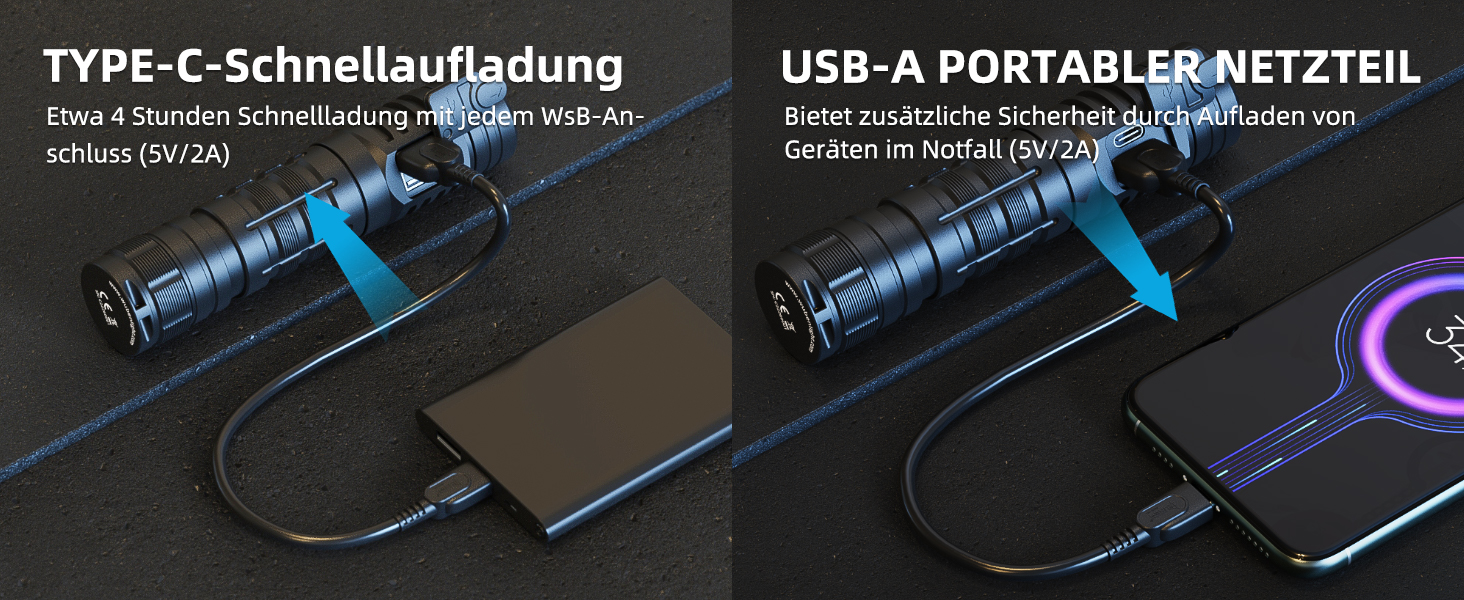 Ліхтарик WUBEN C2 LED: 2000 люмен, USB зарядка, тактичний, водонепроникний IP68, 4800mAh, 7 режимів, 6500K