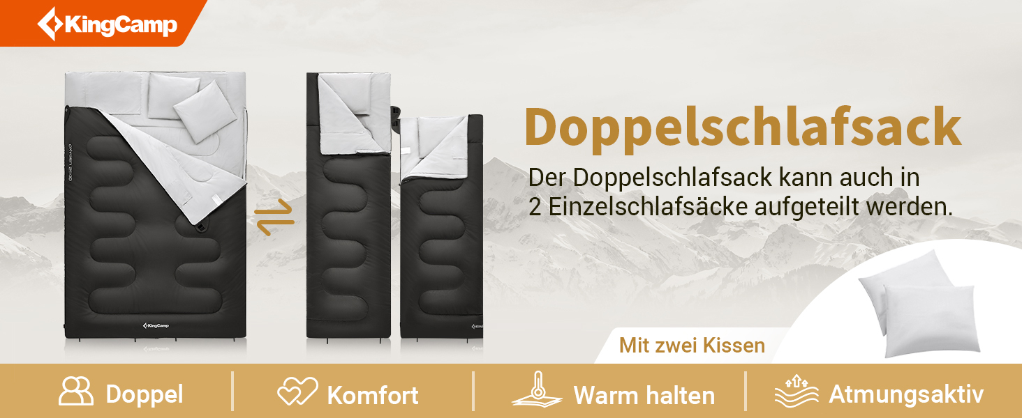 Сплячий мішок KingCamp для двох осіб, зимовий, чорний, для кемпінгу та відпочинку на природі