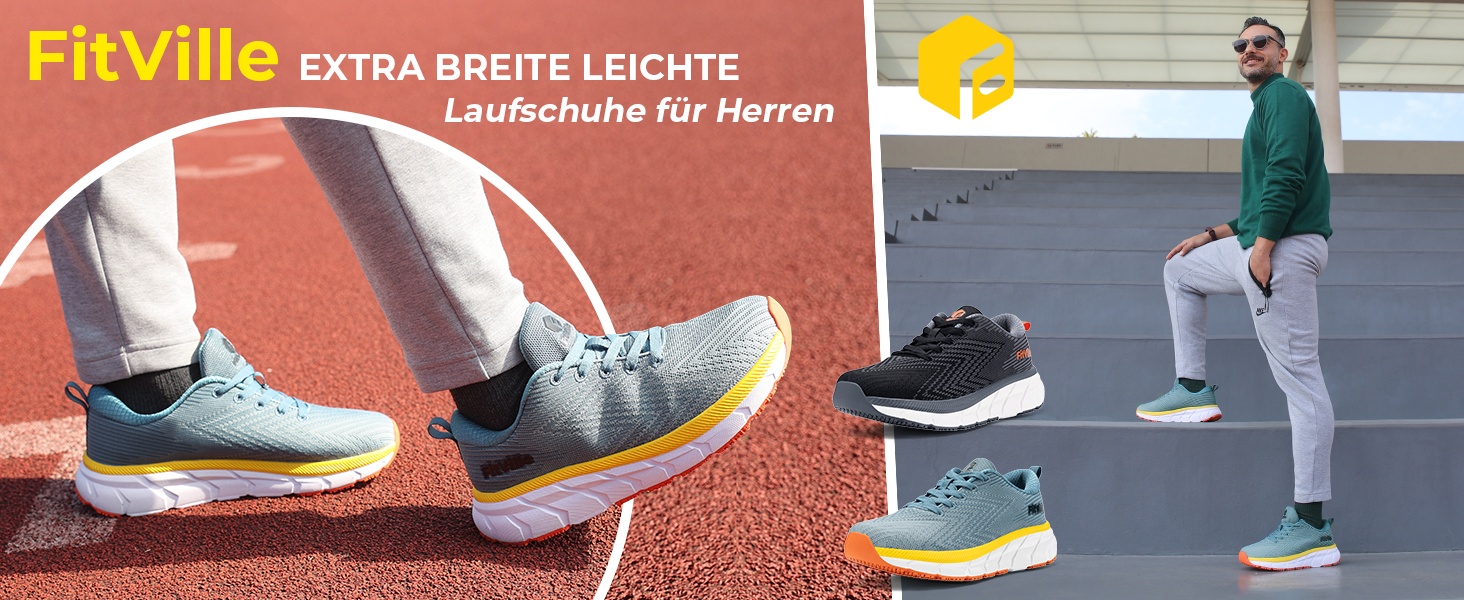 Чоловічі бігові кросівки FitVille з широкою колодкою, амортизація, легкі, дихаючі, для тенісу, фітнесу, джогінгу та ходьби (46 EU, чорний з сірим)