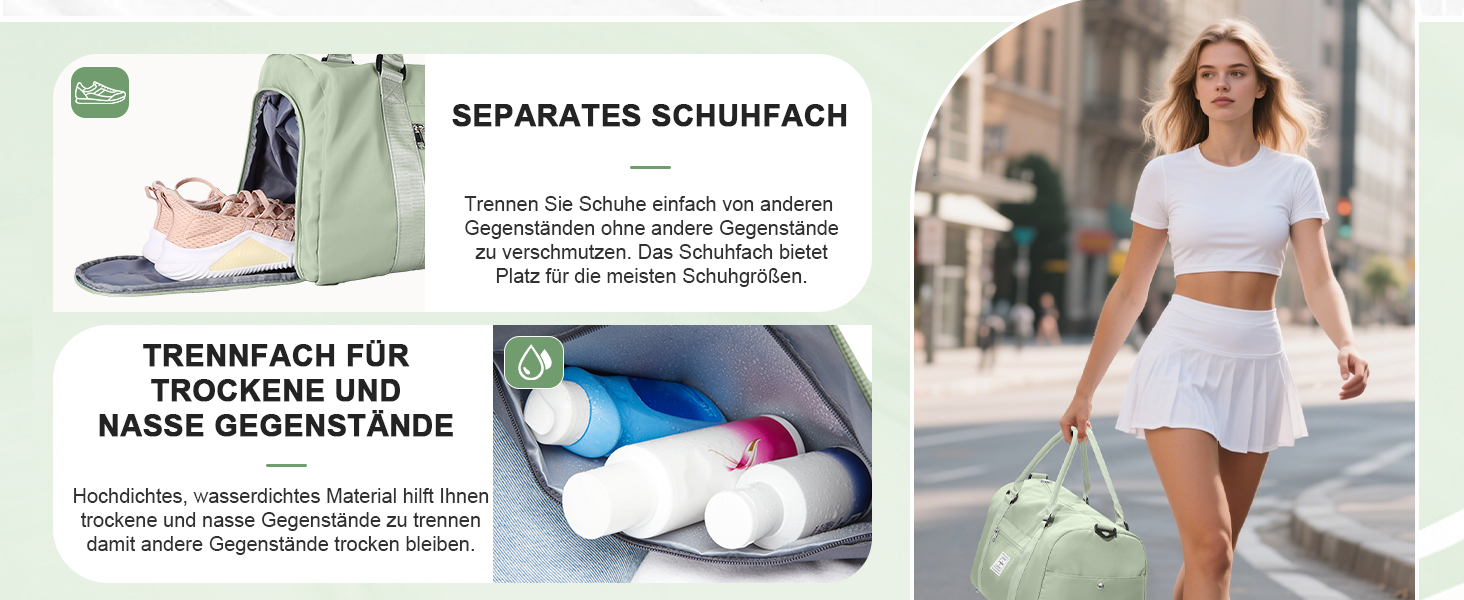 Спортивна сумка HYC00 для жінок та чоловіків: велика, з відділенням для мокрого одягу та взуття, для подорожей, спортзалу, йоги, танців, тренувань, трав'яно-зелений колір