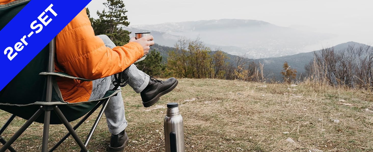 Набір з 2 туристичних стільців 24MOVE® для кемпінгу та риболовлі, чорного кольору, з підстаканником, складні, для відпочинку на природі, поліестер