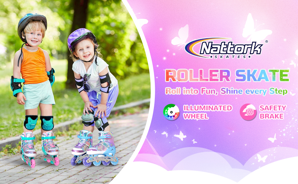 Дитячі ролики Nattork для дівчаток, регульовані, розмір 27-31 EU, рожеві, з бабочками