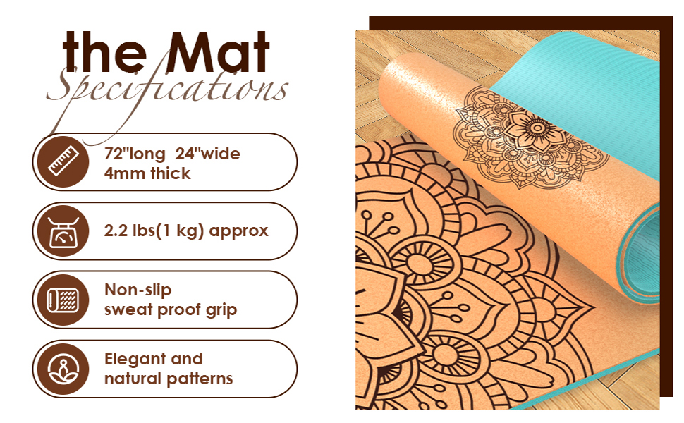 Килимок для йоги з корку – антиковзаючий, з унікальним дизайном мандали, з натурального каучуку TPE, для дому, фітнесу, пілатесу, аеробіки, з сумкою та ремінцем, блакитний